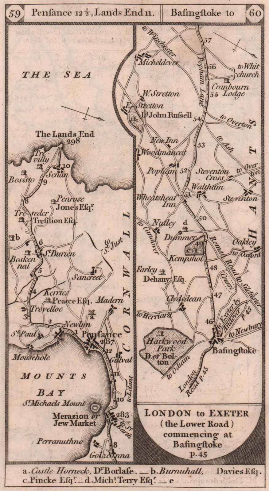 Penzance-Land's End. Basingstoke-Micheldever road strip map PATERSON 1803